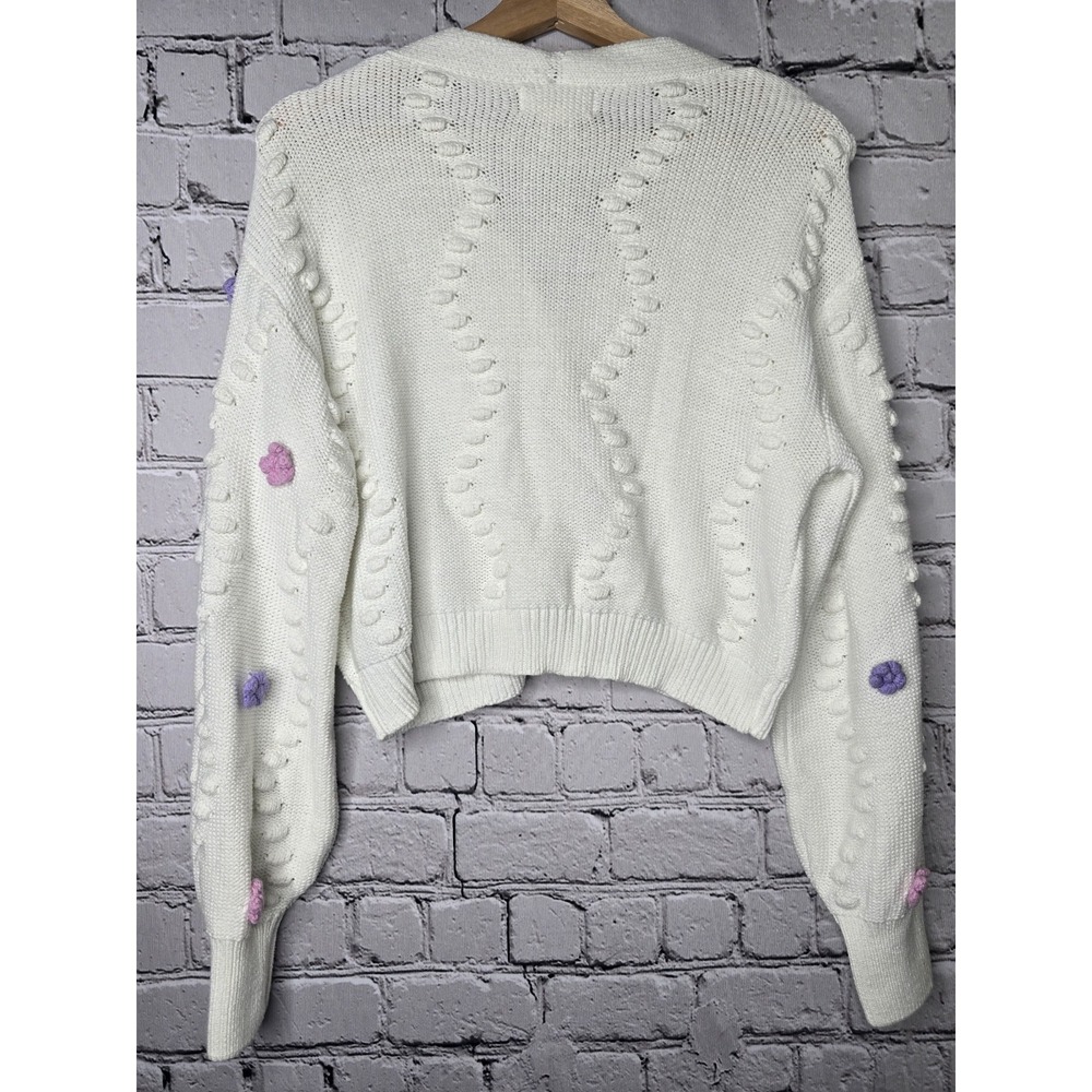 Jessica Simpson 3D Embroidered Flower Knit Cardigan White Purple Size Large - Picture 6 of 9
